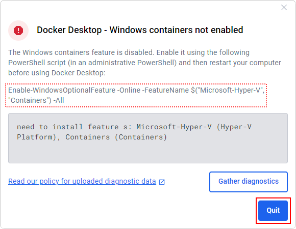 Docker Desktop - Windows containers not enabled. The Windows containers feature is disabled. Enable it using the following PowerShell script (in an administrative PowerShell) and then restart your computer before using Docker Desktop: "Enable-WindowsOptionalFeature -Online -FeatureName $("Microsoft-Hyper-V", "Containers") -All" need to install feature s: Microsoft-Hyper-V (Hyper-V Platform), Containers (Containers)